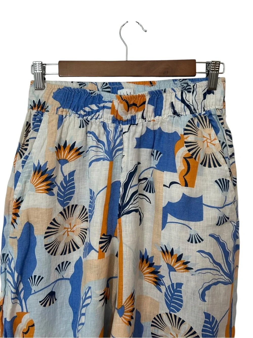 Nicole Miller 100% Linen Wide Leg Tropical Floral Summer Pant SZ M Blue Orange